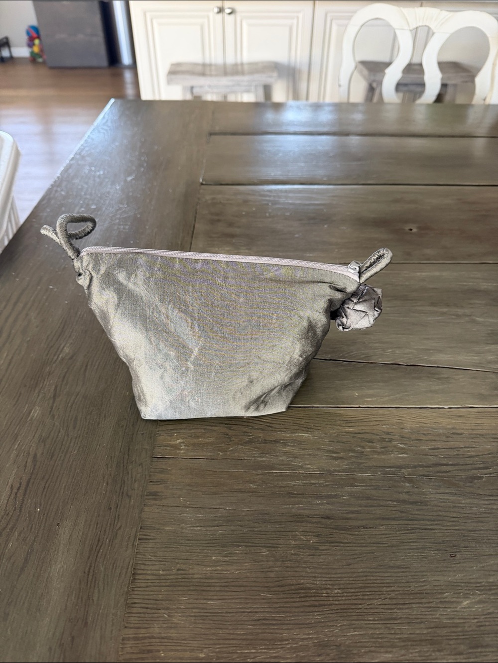 Clamar 100% Silk Silver Metallic Zip Pouch Cosmetic Bag - Women Bags
